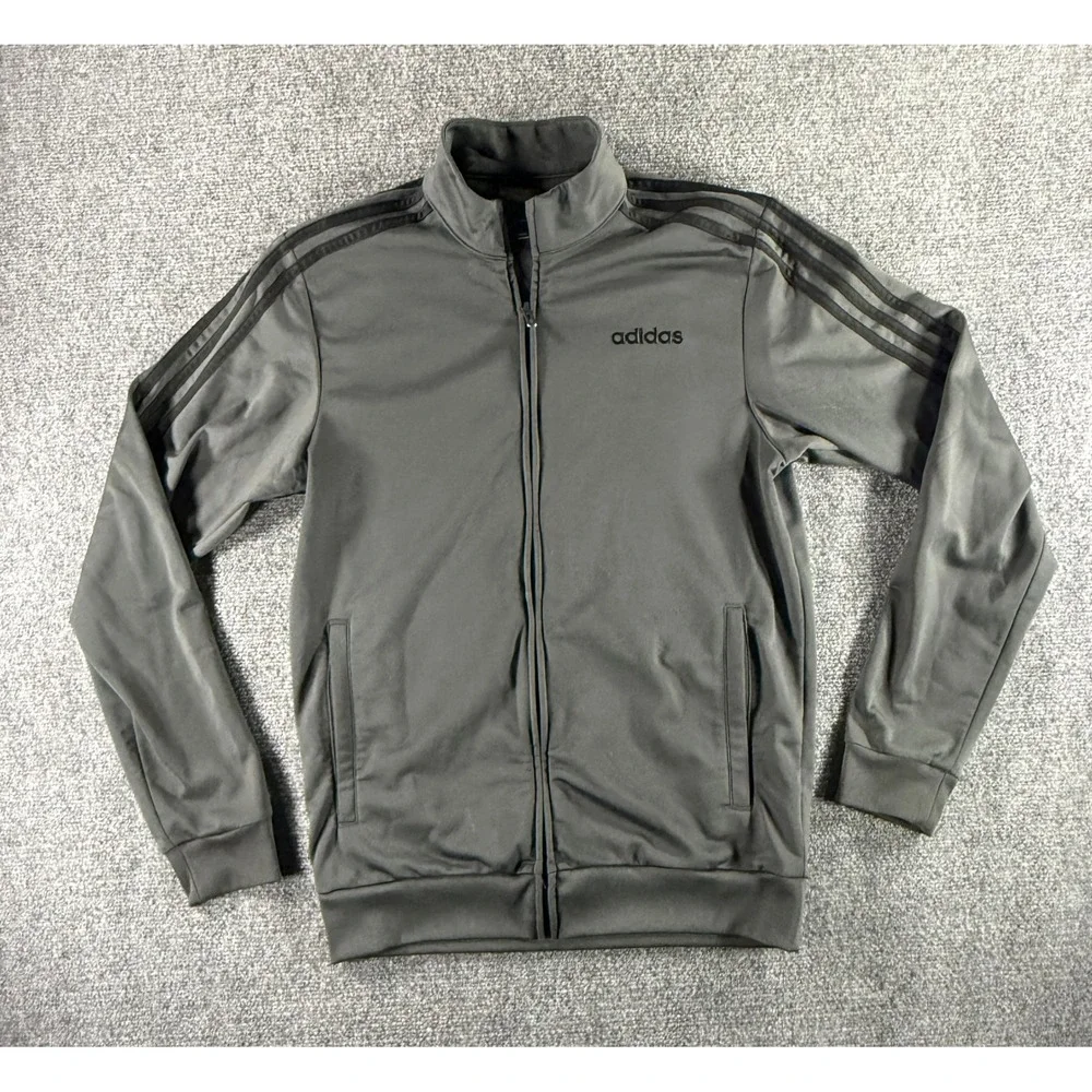 Adidas Mens Essentials Track Jacket Charcoal Grey Black 3-Stripe Full‎ Zip Small